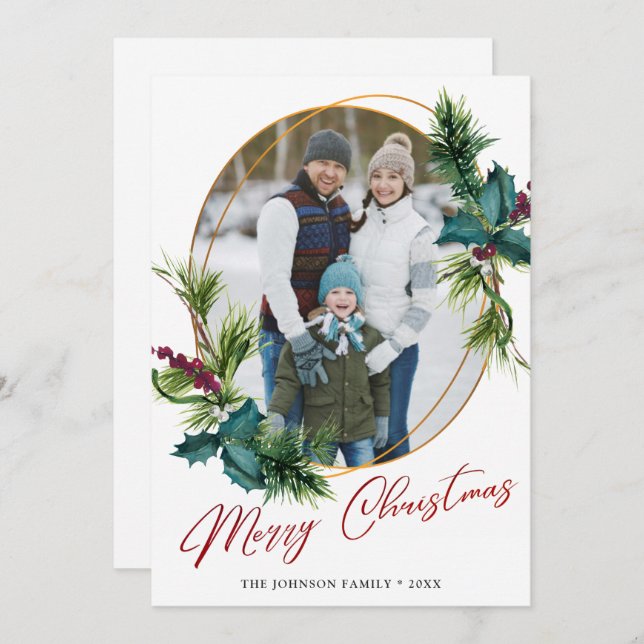 Tarjeta Festiva Elegantes Navidades Holly Pine Photo Holiday Card (Anverso / Reverso)