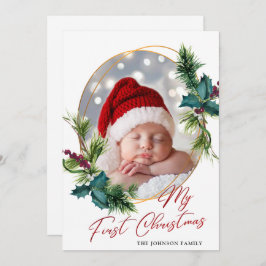 Tarjeta Festiva Elegantes Navidades Holly Pine Photo Holiday Card