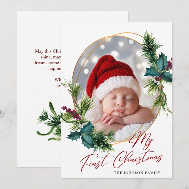 Tarjeta Festiva Elegantes Navidades Holly Pine Photo Holiday Card (Anverso / Reverso)