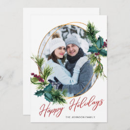 Tarjeta Festiva Elegantes Navidades Holly Pine Photo Holiday Card