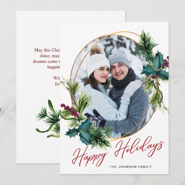 Tarjeta Festiva Elegantes Navidades Holly Pine Photo Holiday Card (Anverso / Reverso)