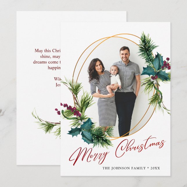 Tarjeta Festiva Elegantes Navidades Holly Pine Photo Holiday Card (Anverso / Reverso)