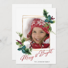 Tarjeta Festiva Elegantes Navidades Holly Pine Photo Holiday Card