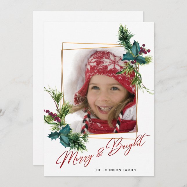 Tarjeta Festiva Elegantes Navidades Holly Pine Photo Holiday Card (Anverso / Reverso)
