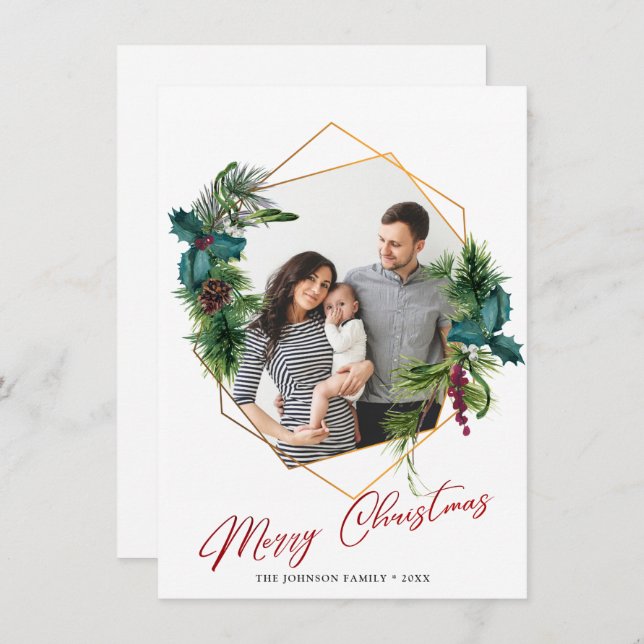 Tarjeta Festiva Elegantes Navidades Holly Pine Photo Holiday Card (Anverso / Reverso)