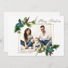 Tarjeta Festiva Elegantes Navidades Holly Pine Photo Holiday Card