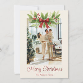 Tarjeta Festiva Elegantes Navidades Holly y Red Bow -