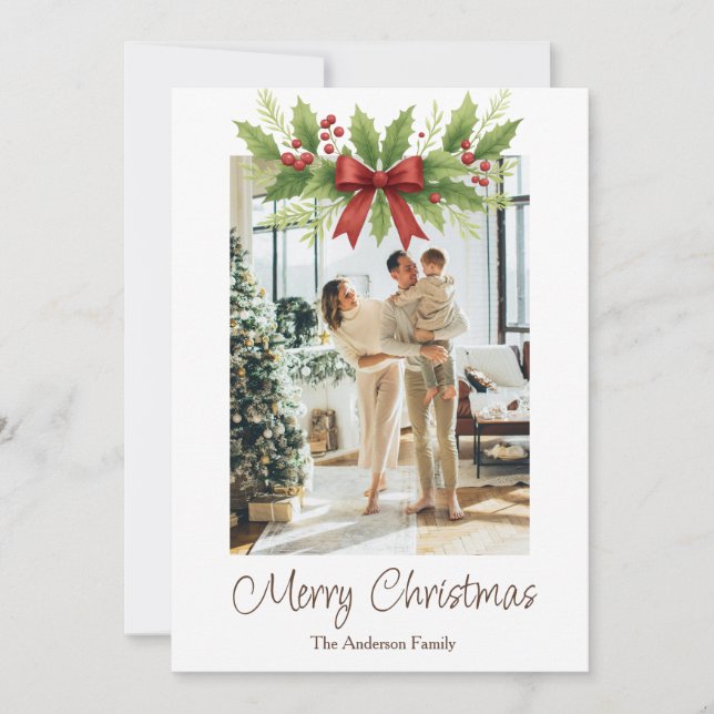 Tarjeta Festiva Elegantes Navidades Holly y Red Bow - (Anverso)