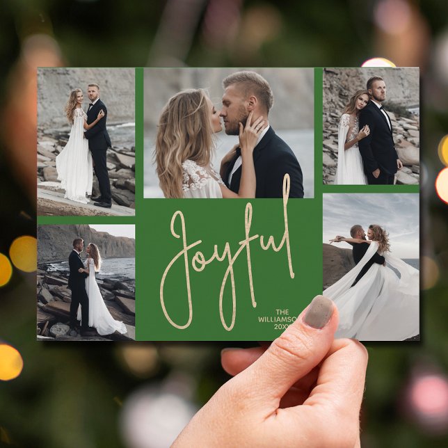 Tarjeta Festiva Elegantes Navidades JÓVENES Y Multifoto Verdes (Gold JOYFUL Multi Photo Christmas Holiday Cards - INSTANT DOWNLOAD and/or PRINTED or both!)