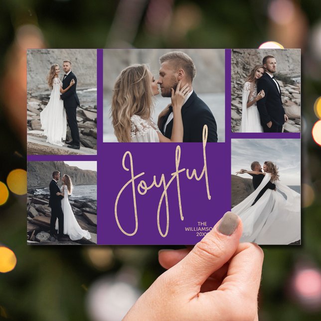Tarjeta Festiva Elegantes Navidades JOYFUL Multi Photo Purple (Gold JOYFUL Multi Photo Christmas Holiday Cards - INSTANT DOWNLOAD and/or PRINTED or both!)