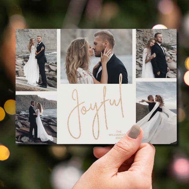 Tarjeta Festiva Elegantes Navidades JOYFUL multifotográficos (Gold JOYFUL Multi Photo Christmas Holiday Cards - INSTANT DOWNLOAD and/or PRINTED or both!)
