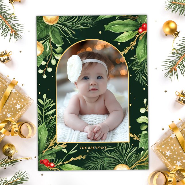 Tarjeta Festiva Elegantes Navidades modernos foto vegetación botán (Elegant Modern Christmas Photo Botanical Greenery Holiday Card)