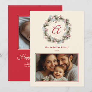 Tarjeta Festiva Elegantes Navidades monográficos Wreath Family Pho