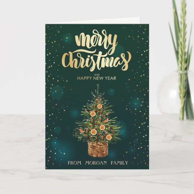 Tarjeta Festiva Elegantes Navidades Naranjas de pinos Navidades ve (Anverso)