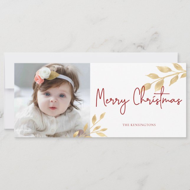 Tarjeta Festiva Elegantes Navidades Oro deja foto de vacaciones (Anverso)