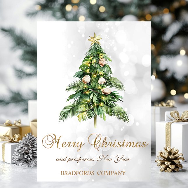 Tarjeta Festiva Elegantes Navidades Palm Tree Seashells Bokeh (Subido por el creador)