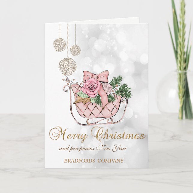 Tarjeta Festiva Elegantes Navidades Pink Sleigh, Bokeh Company (Anverso)