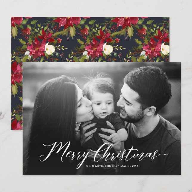 Tarjeta Festiva Elegantes Navidades Poinsettias Foto Completa Blan (Anverso / Reverso)