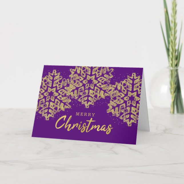 Tarjeta Festiva Elegantes Navidades Purpurina de oro Snowflakes Pu (Anverso)