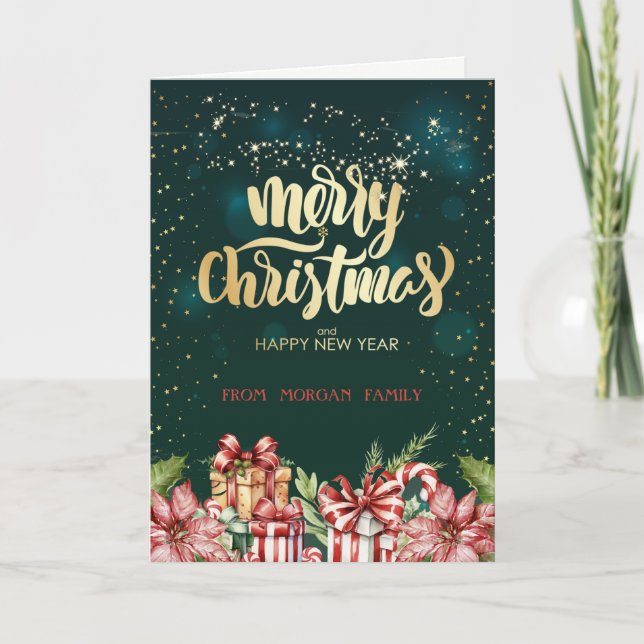 Tarjeta Festiva Elegantes Navidades Rojo Presenta Poinsettia (Anverso)