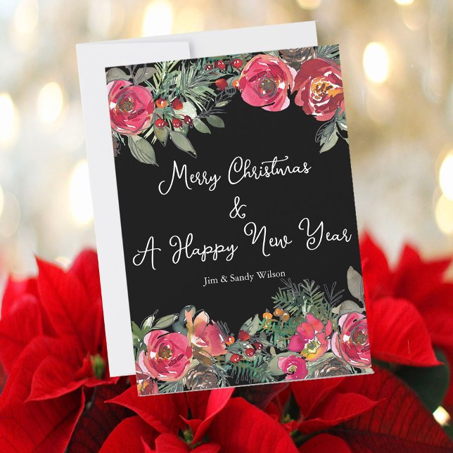 Tarjeta Festiva Elegantes Navidades rojos florecen con fondo negro (Subido por el creador)