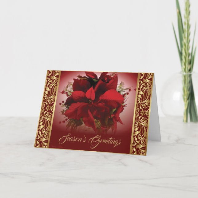 Tarjeta Festiva Elegantes Navidades rojos y dorados Poinsettia (Anverso)