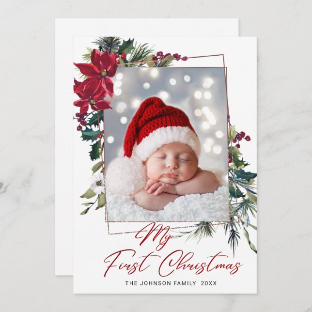 Tarjeta Festiva Elegantes Navidades Saludo fotográfico de Poinsett (Anverso / Reverso)