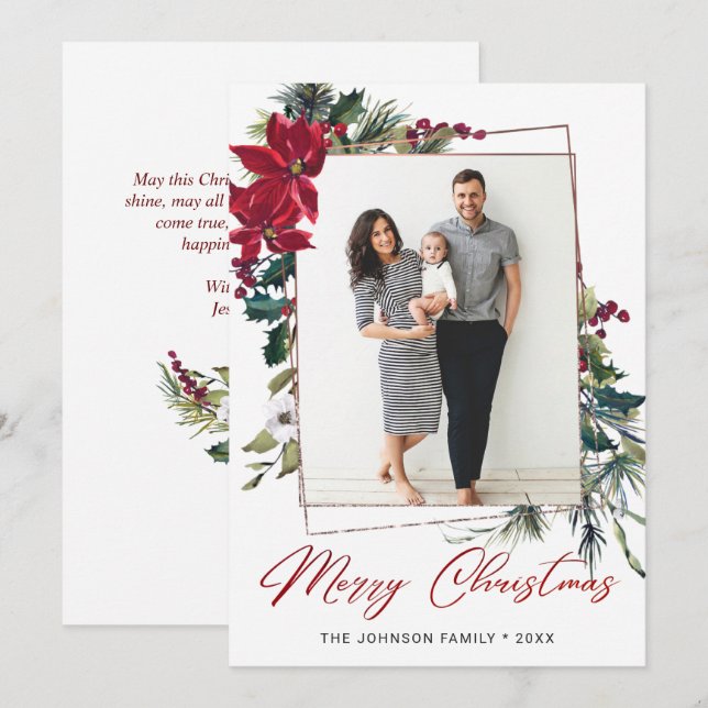 Tarjeta Festiva Elegantes Navidades Saludo fotográfico de Poinsett (Anverso / Reverso)