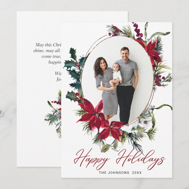 Tarjeta Festiva Elegantes Navidades Saludo fotográfico de Poinsett (Anverso / Reverso)