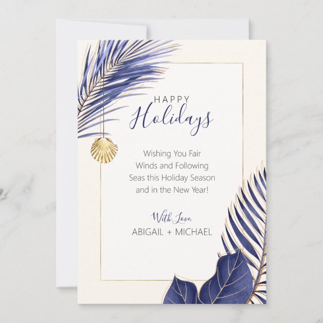 Tarjeta Festiva Elegantes Navidades tropicales de la Marina Azul y (Anverso)