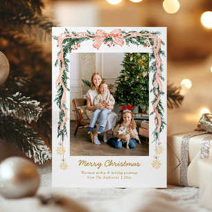 Tarjeta Festiva Elegantes Navidades Verdor y Coquette Bow 1 Foto