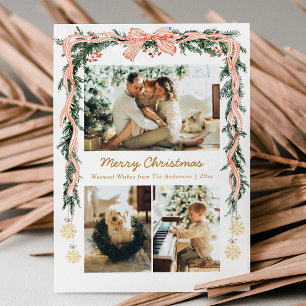 Tarjeta Festiva Elegantes Navidades Verdor y Coquette Bow 3 Foto