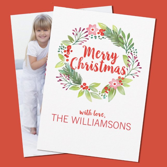 Tarjeta Festiva Elegantes Navidades Wreath Photo Holiday Card (Add your family photo to this elegant watercolor wreath Christmas card.)