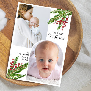 Tarjeta Festiva Elegantes pinos y bayas rústicos 2 Navidades de fo
