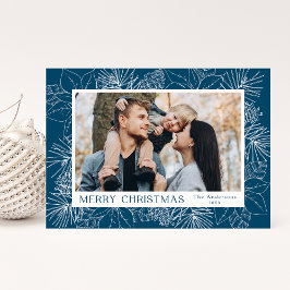 Tarjeta Festiva Elegantes poinsettias azules y fotos de pinos