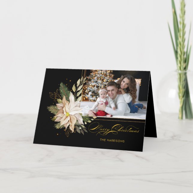 Tarjeta Festiva Elegantes poinsettias blancas con verde dorado fot (Anverso)