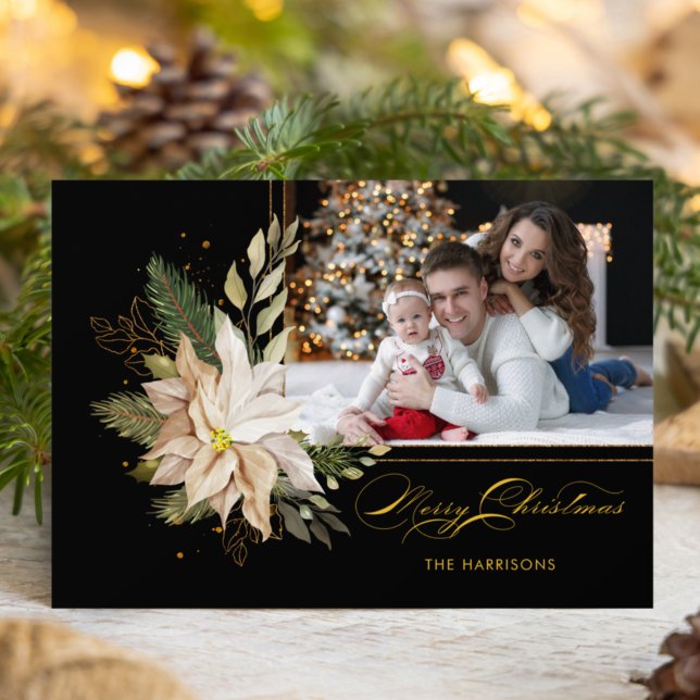 Tarjeta Festiva Elegantes poinsettias blancas con verde dorado fot (Subido por el creador)