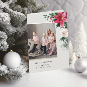Tarjeta Festiva Elegantes Poinsettias, Rosas y Pino en Acuarela Fo