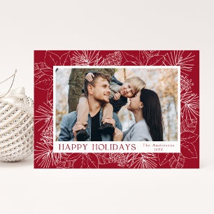 Tarjeta Festiva Elegantes Poinsettias y Piñas de Cranberry Foto