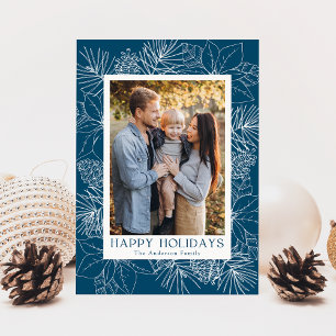 Tarjeta Festiva Elegantes Poinsettias y Piñas Foto Azul