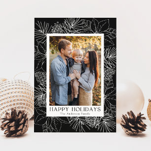 Tarjeta Festiva Elegantes Poinsettias y Piñas Foto en Carbón