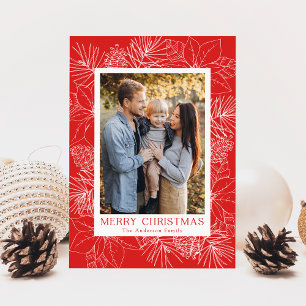 Tarjeta Festiva Elegantes Poinsettias y Piñas Rojo Foto