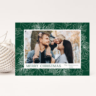 Tarjeta Festiva Elegantes Poinsettias y Piñas Verde Foto