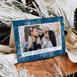 Tarjeta Festiva Elegantes Poinsettias y Pinecones Blue 2 Photo