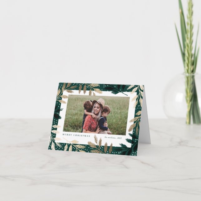 Tarjeta Festiva Elegantes ramas de oro 3 Navidades de fotografía (Anverso)