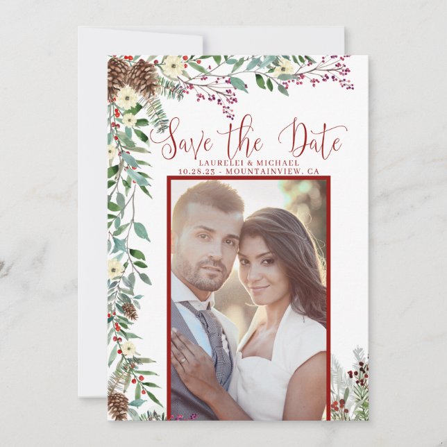 Tarjeta Festiva Elegantes ramas navideñas salvan la foto de la fec (Anverso)