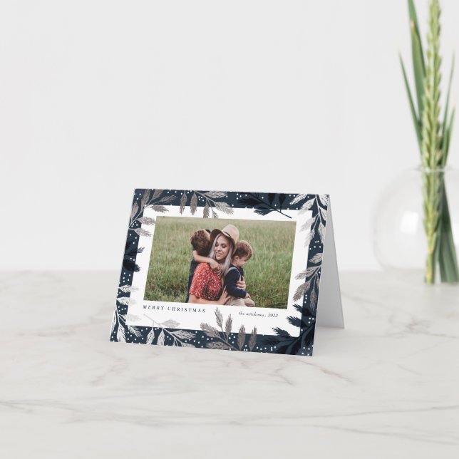 Tarjeta Festiva Elegantes ramas plateadas 3 Navidades de fotografí (Anverso)