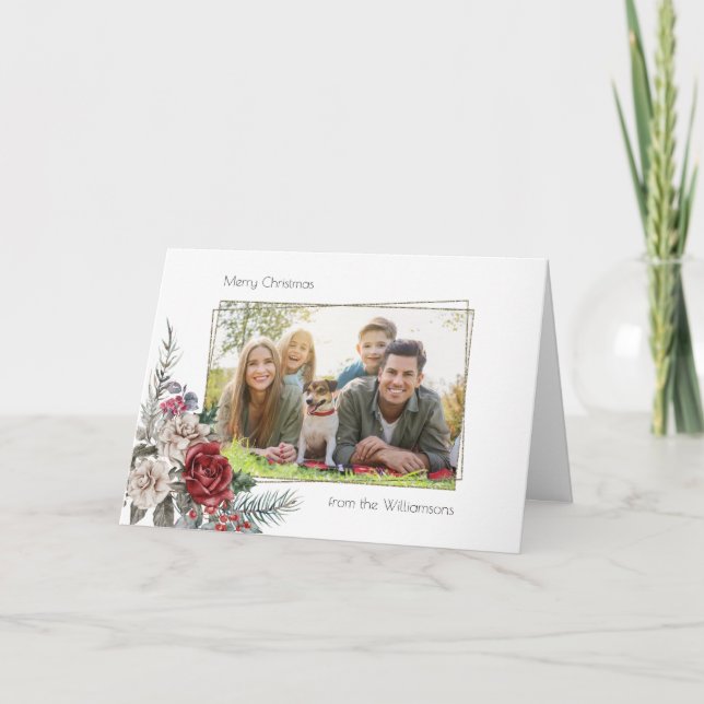 Tarjeta Festiva Elegantes Rosas acuarelas, foto de marco dorado y  (Anverso)