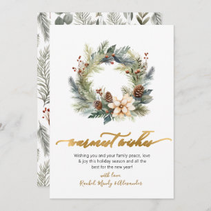 Tarjeta Festiva Elegantes Warmest Wishes Script Wreath Navidades