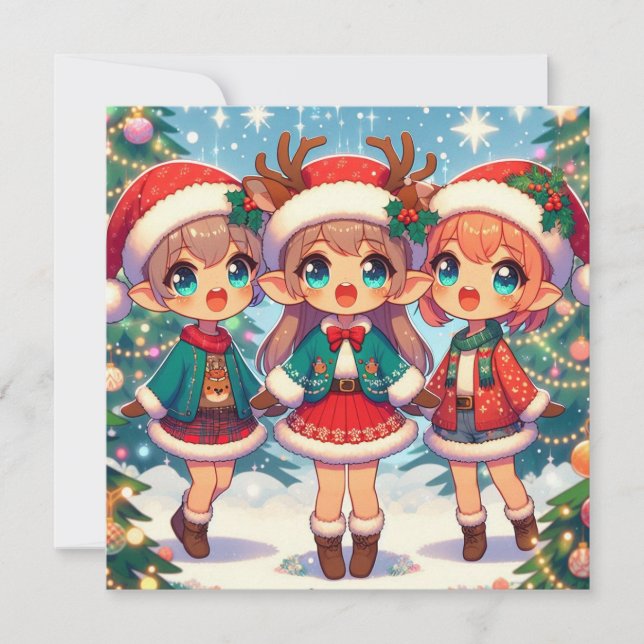 Tarjeta Festiva Elf Deer Merry Christmas (Anverso)